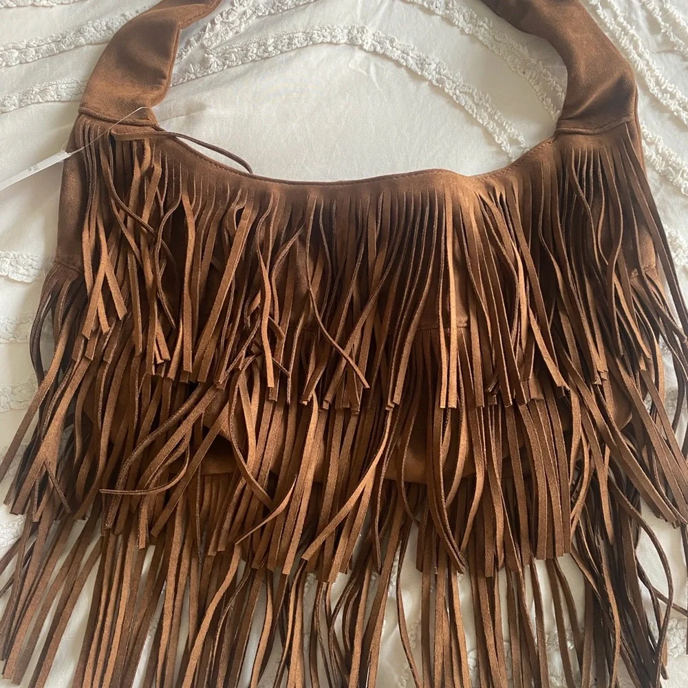 Fringe Suede Shoulder Bag - Brown